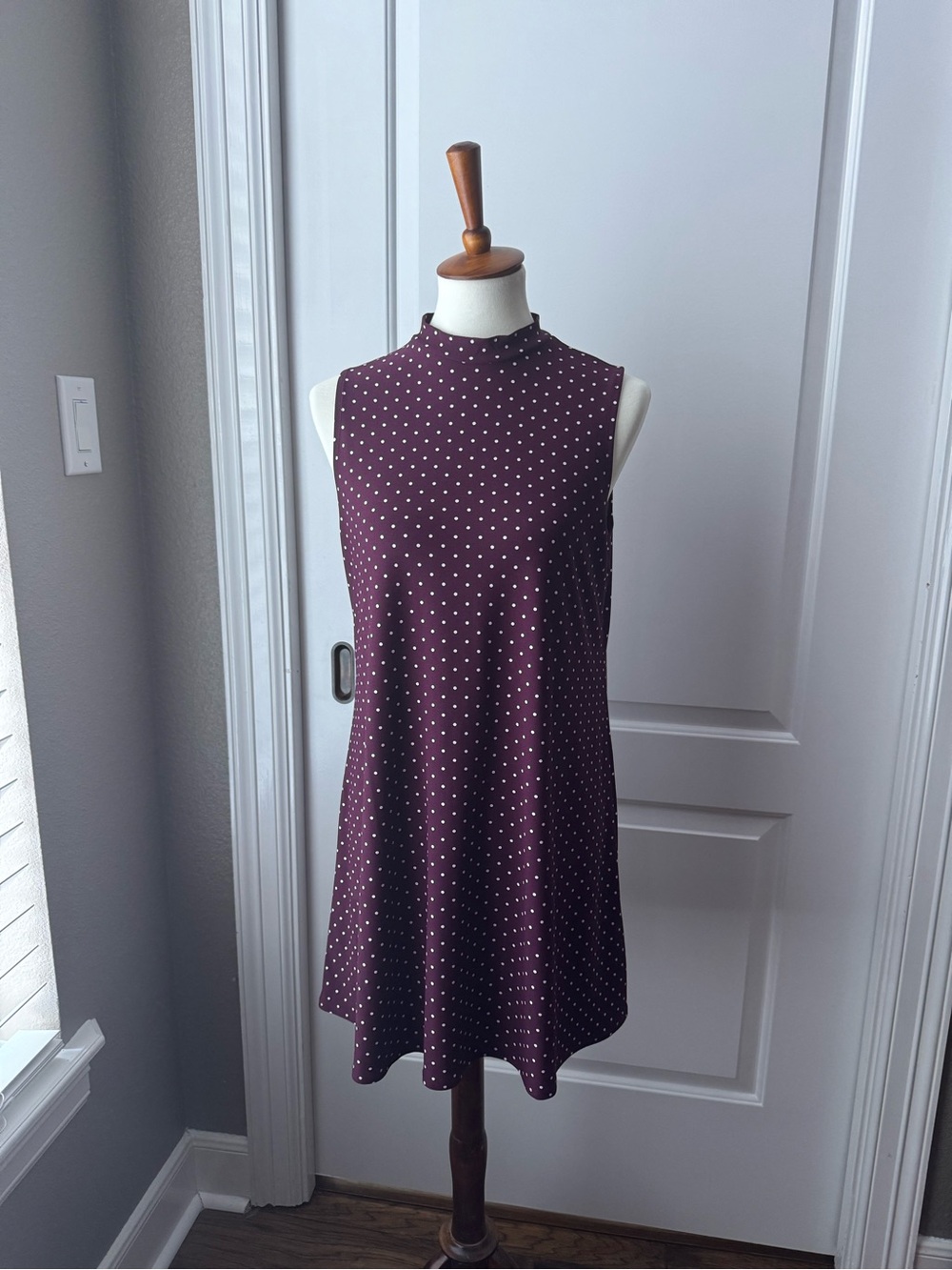 H&M Burgundy Mock Neck Polka Dot Swing Dress